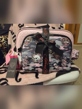 Ed Hardy Pink & Black Camouflage Skull and Tiger Cosmetic Bag Set